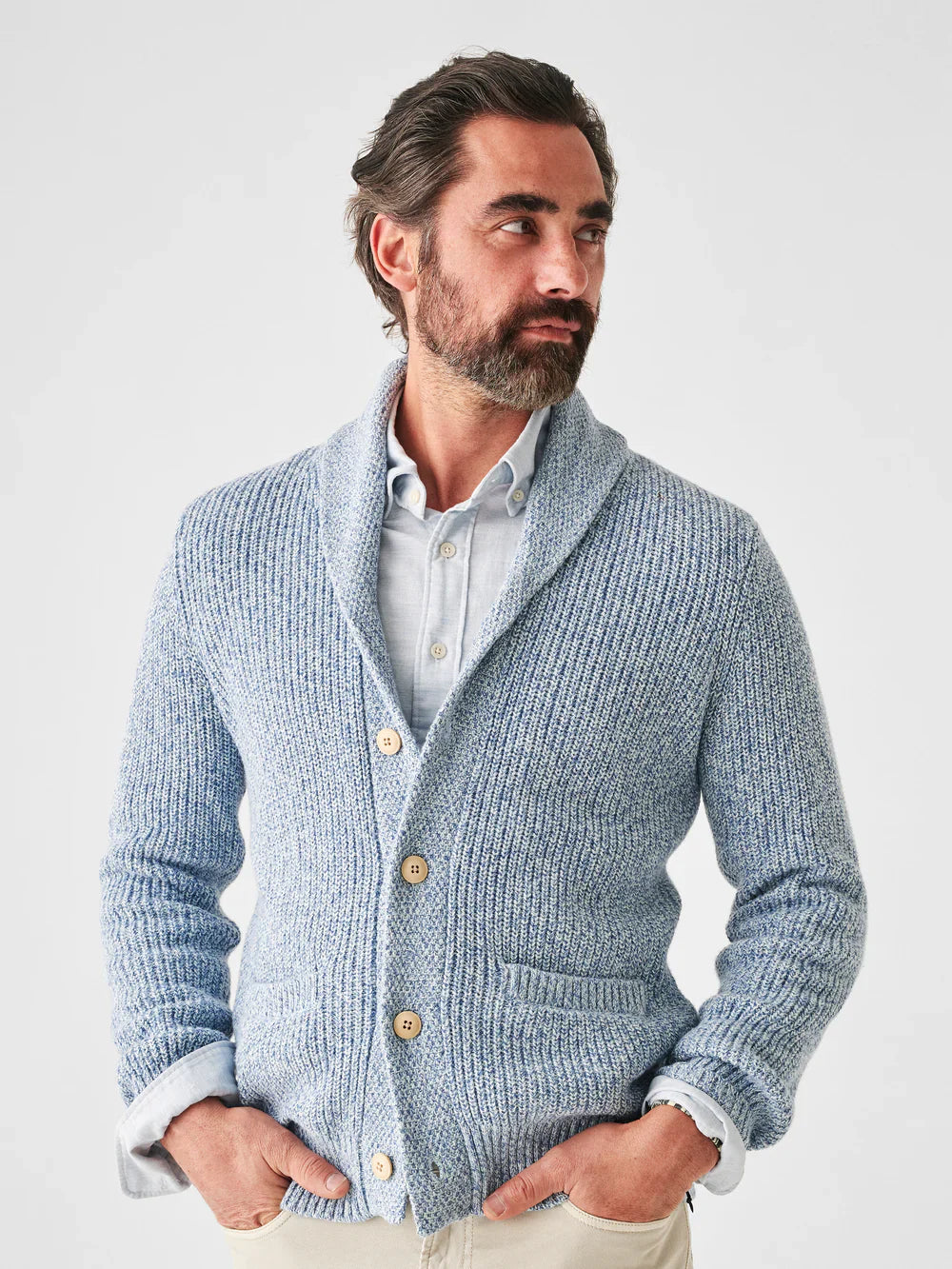 Mens - Marled Cotton Cardigan | Spring Sea Marl