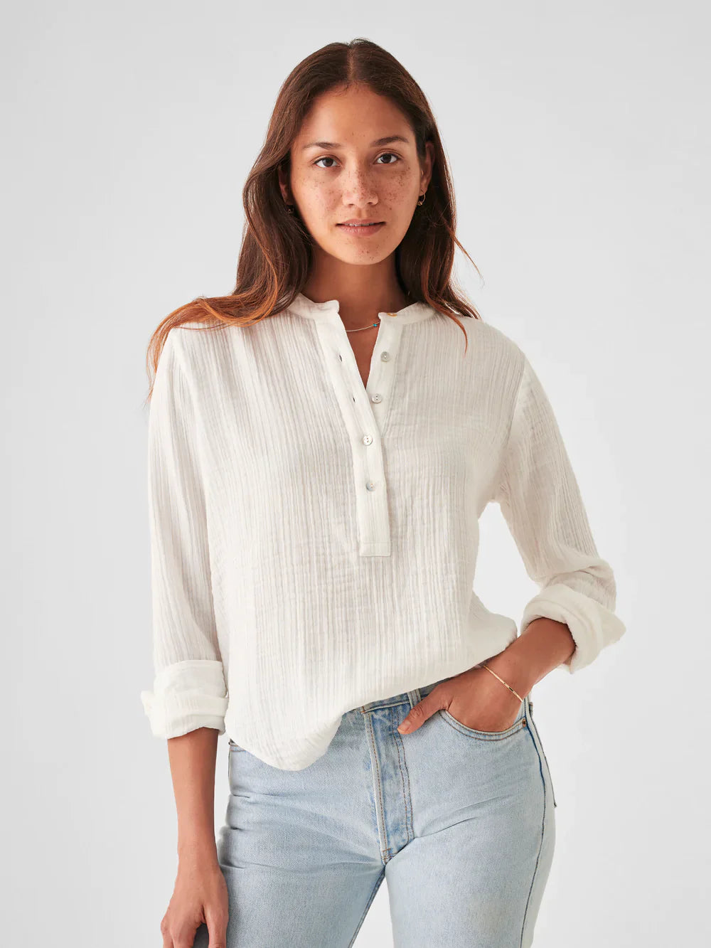 Womens - Dream Cotton Gauze Collarless Shirt | White