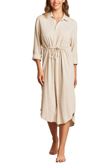 Womens | Linen Blend Cinched Shirtdress | Heather Bisque