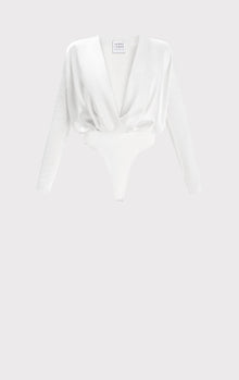 Wrap Effect L/S Satin Bodysuit | Alabaster