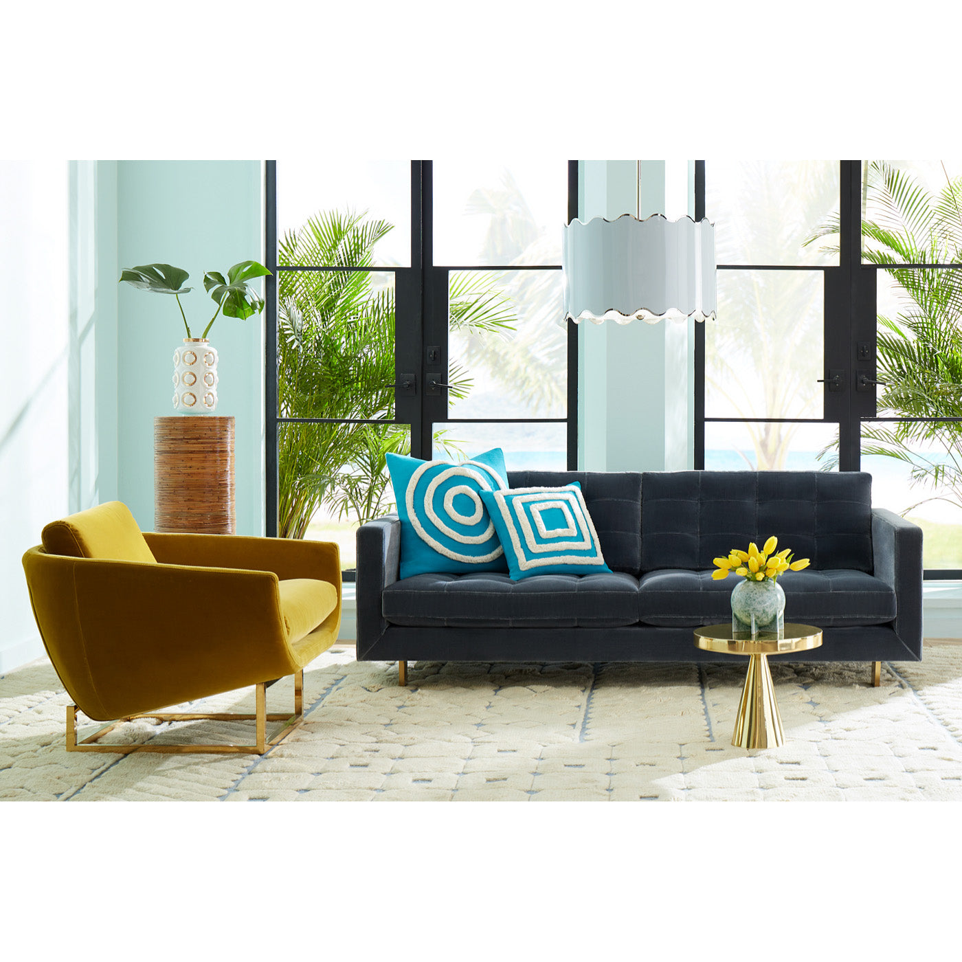 pimlico pillows teal ford sofa beaumont lounge chair ripple pendant hans pedestal table - styled view