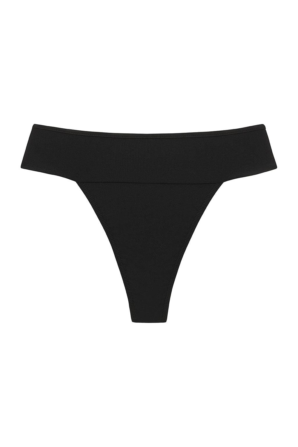 Black bikini bottom with off-shoulder neckline and high-cut thong design.