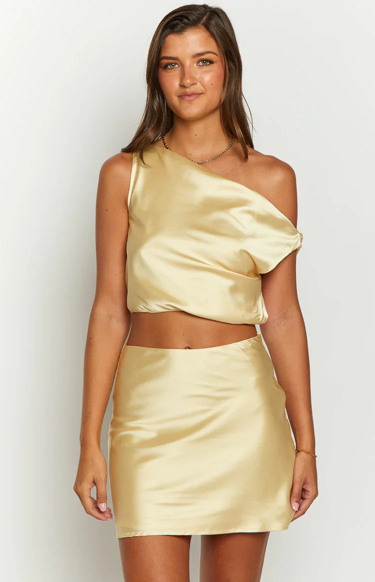 Scotlyn Satin Off The Shoulder Crop Top | Yellow