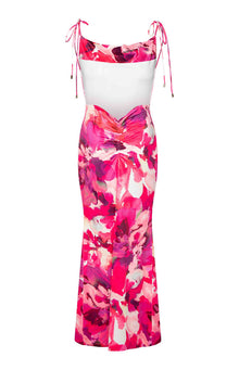 Rear view of the pink floral print maxi dress with a low open back, tie shoulder straps, and ruched skirt detail
