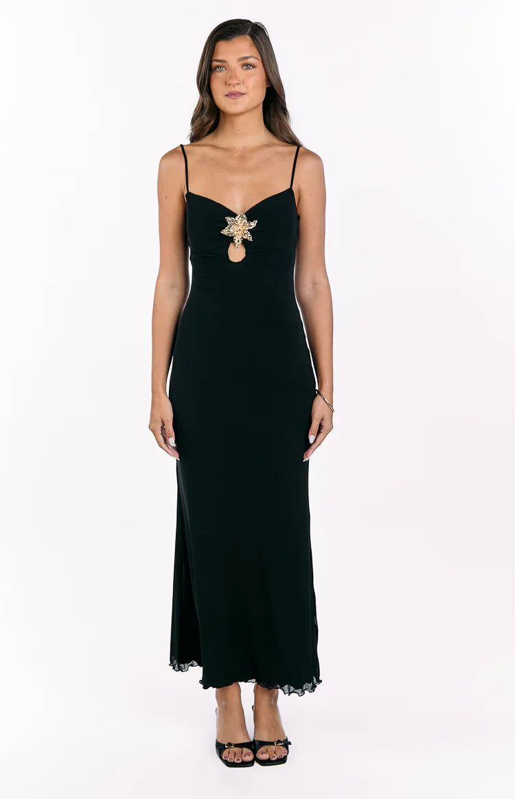 Selina Hibiscus Trim Maxi Dress | Black
