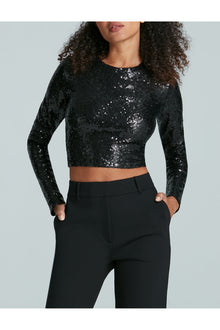 Sequin Long Sleeve Crewneck Crop Top | Black