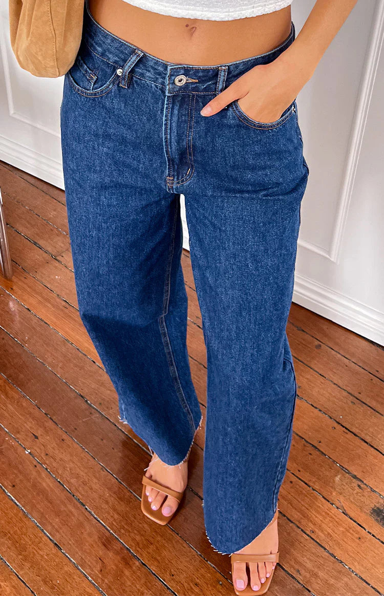 She's Yours Denim Wide Leg Boyfriend Jeans | Dark Wash