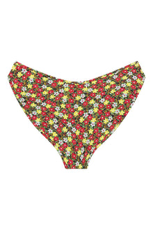 Bikini bottom with red, yellow, and white floral print on dark background in high-waisted silhouette.