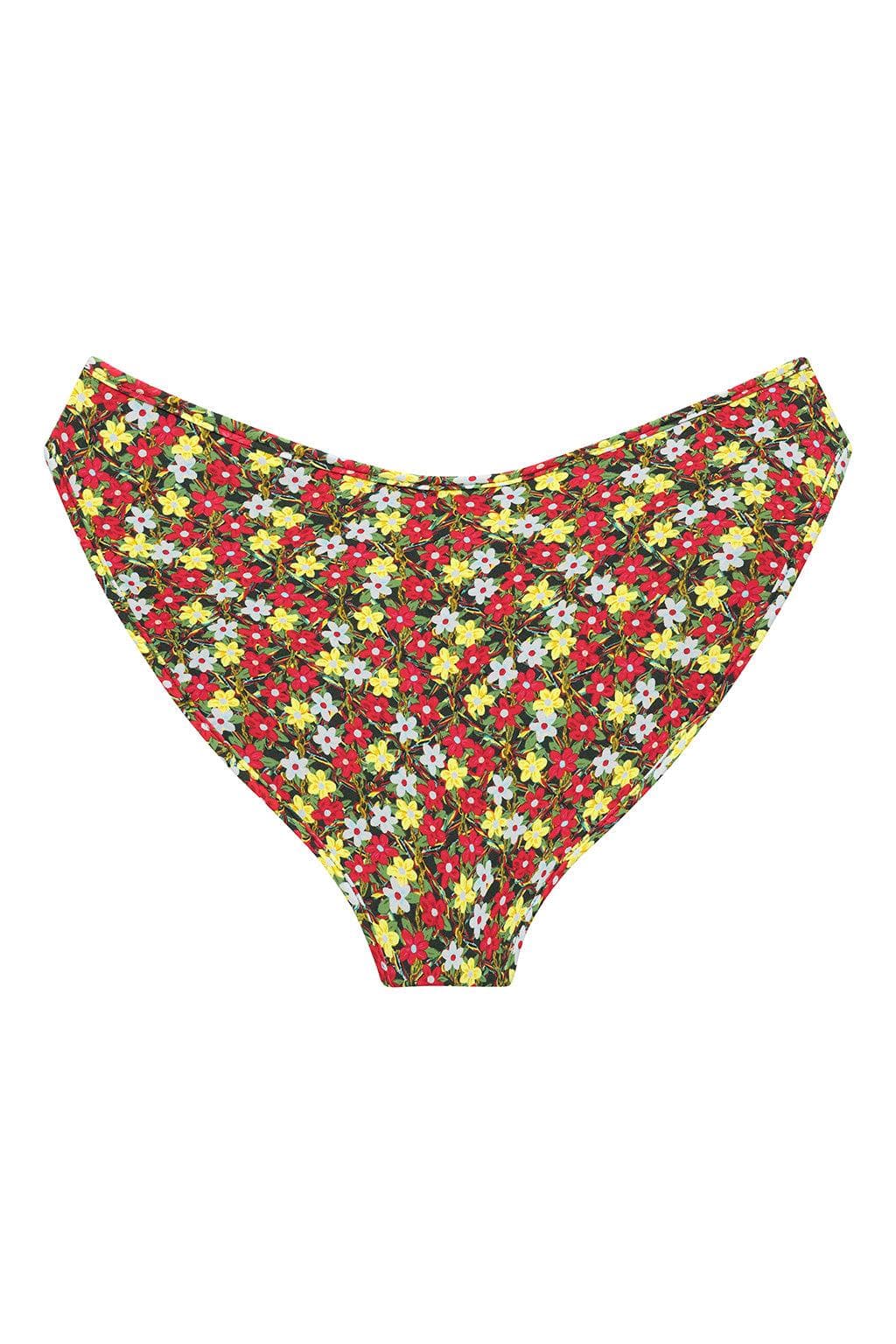 Bikini bottom with red, yellow, and white floral print on dark background in high-waisted silhouette.