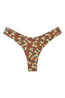 Red, yellow, and white floral print bikini bottom with high-leg cut and extended side coverage.