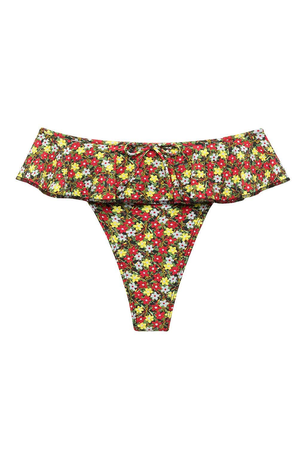 Floral bikini bottom with red, yellow, and white flowers on dark background and ruffled off-shoulder neckline.