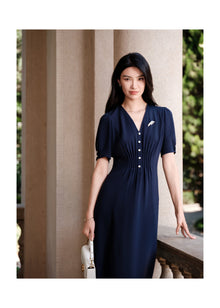 Silk V-Neck Dress | Navy
