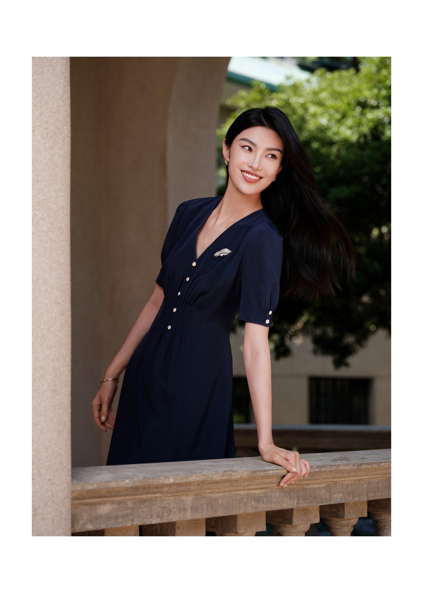 Silk V-Neck Dress | Navy