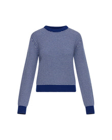 Striped Crewneck Sweater in Wool-Cashmere | Ivory/Cobalt