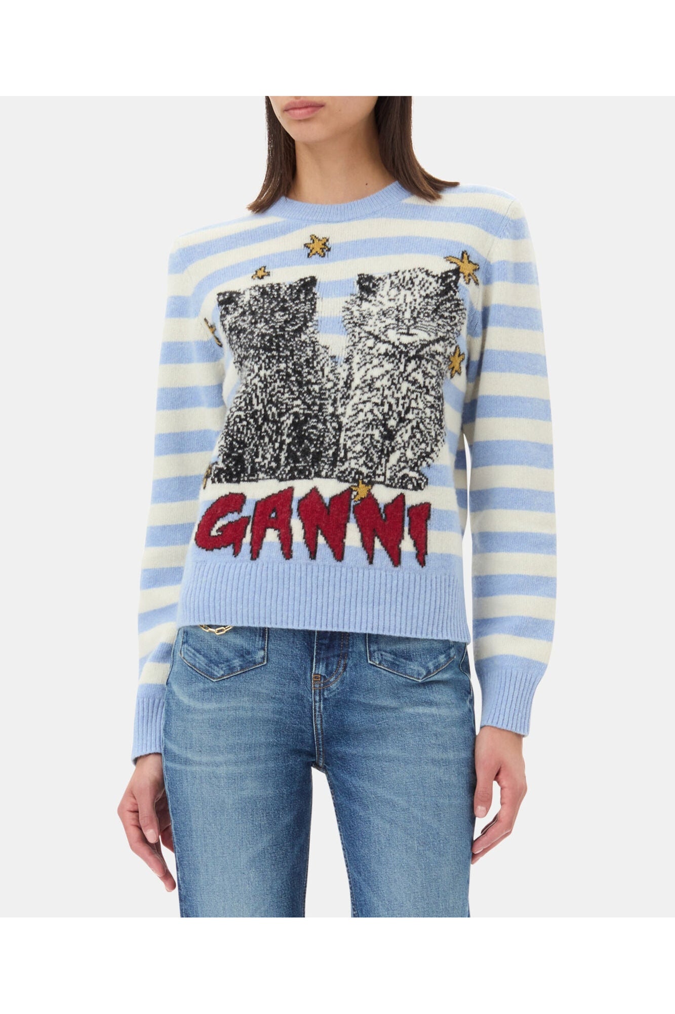 Striped Graphic Cat Jumper | Illusion Blue