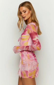 Surround Sound Floral Mesh Long Sleeve Mini Dress | Pink