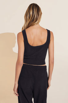 Model wears Recycled Boucle Cropped Tank in Black.