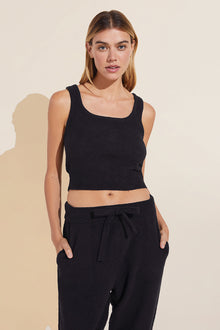 Model wears Recycled Boucle Cropped Tank in Black.