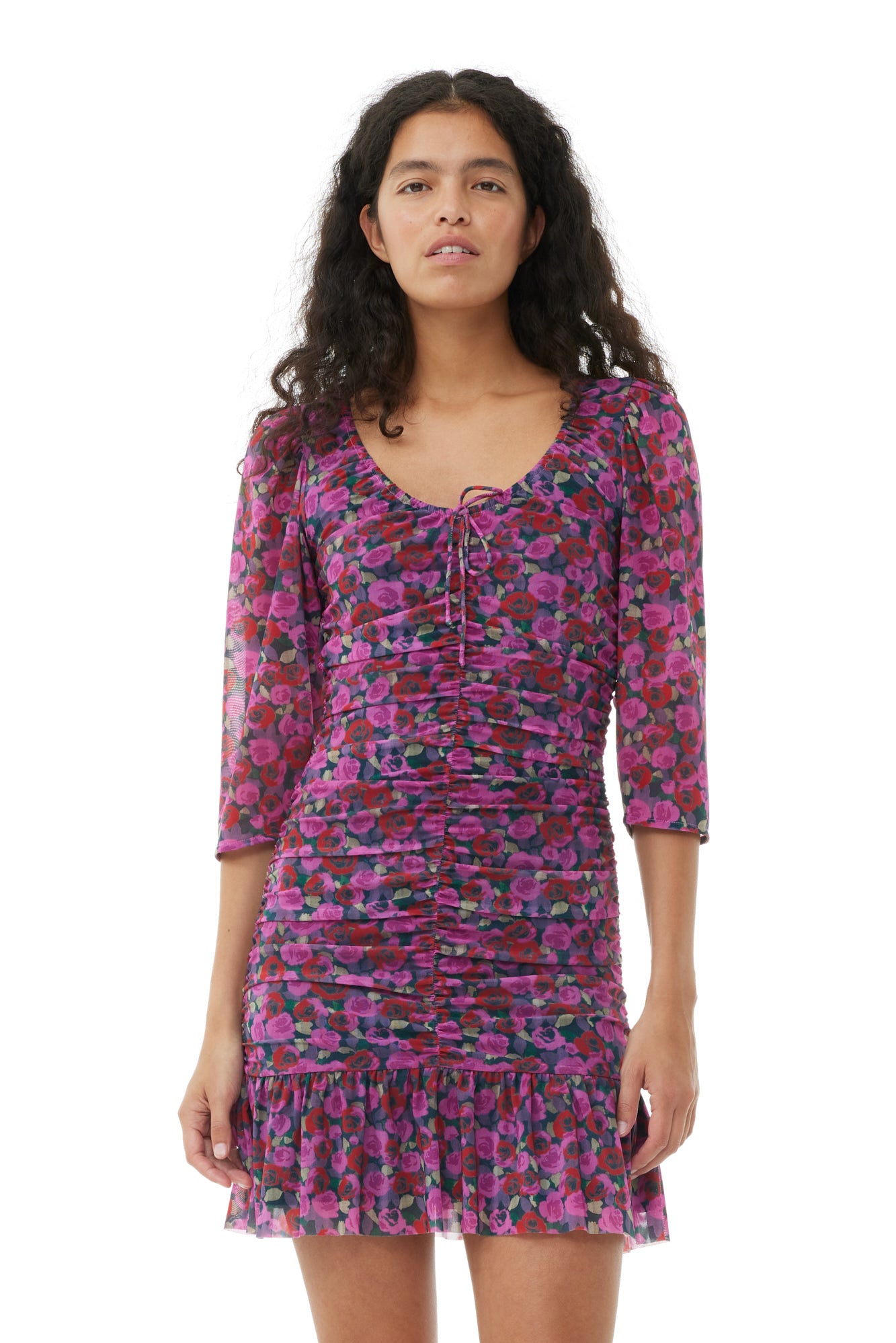 Printed Mesh Flounce Ruched Mini Dress | Fiji Flower