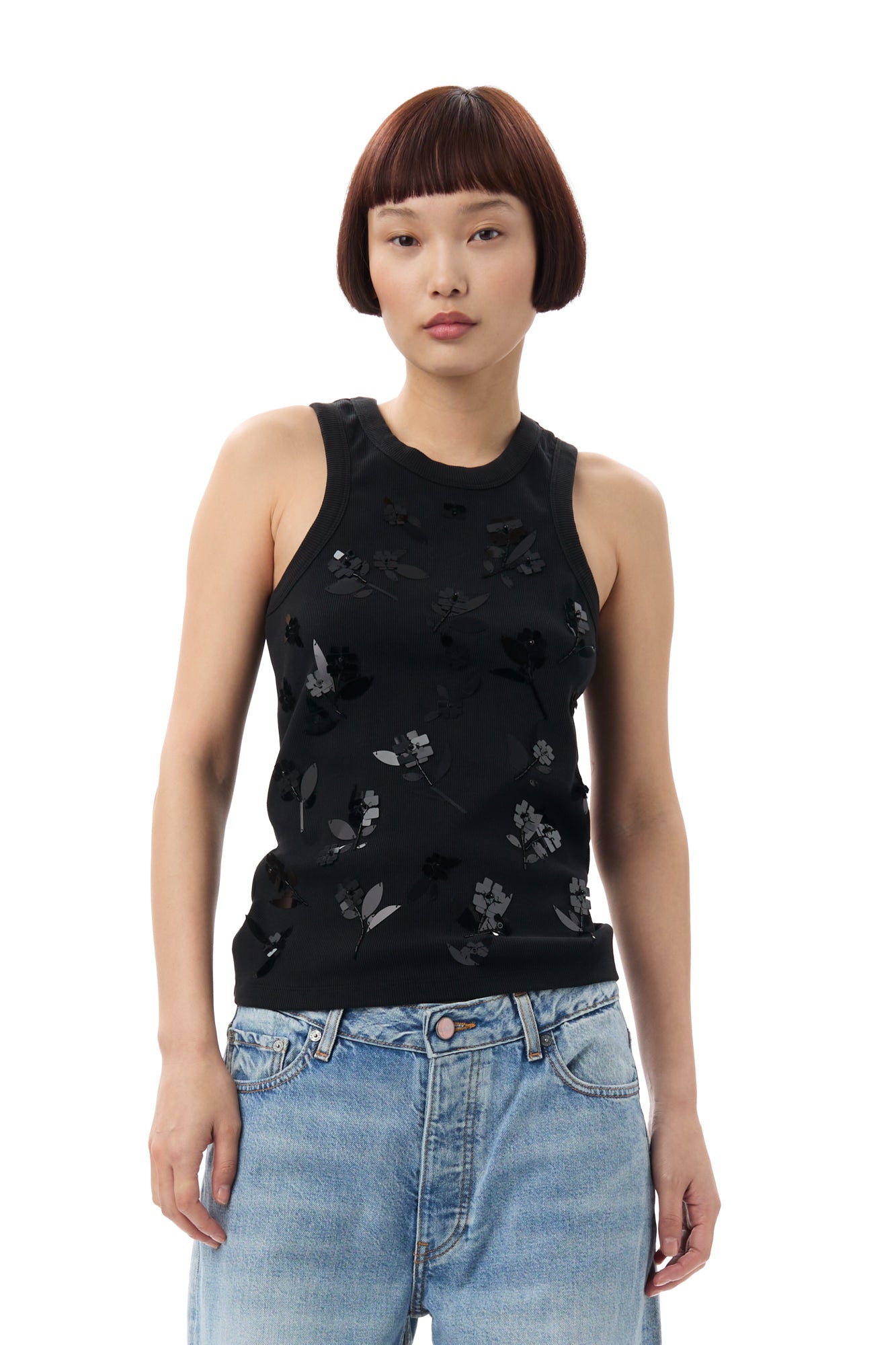Rib Jersey Embellish Tank Top | Black