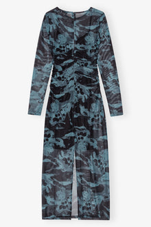 Printed Mesh O-neck Ruched Long Dress | Blue Shadow