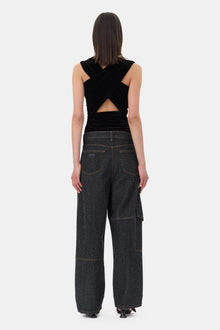 Velvet Jersey Ruched Crossover Blouse | Black