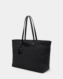 The Rudsak LIVORNO - L325007 Black is a large black luxury tote with a quilted pattern, two long handles, and a small attached pouch near the top. Shown on a plain light gray background.