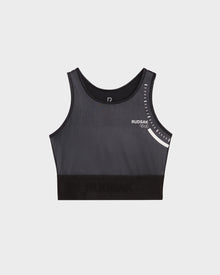 The TRACY - 8524016 Black by Rudsak is a womens high-performance black athletic crop top sports bra with white graphic details and branding on the upper left, shown against a plain white background.