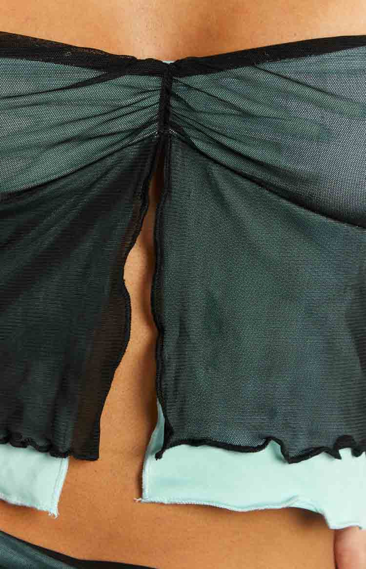 Black mesh bandeau top with ruched front and light blue ruffled trim