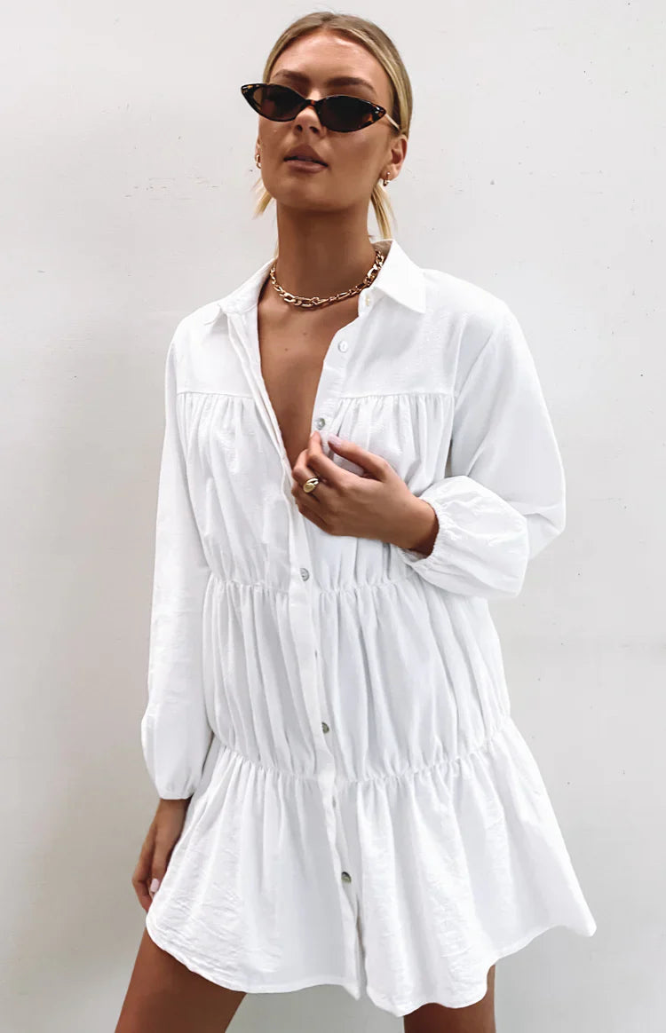 Theodossia Tiered Long Sleeve Dress | White