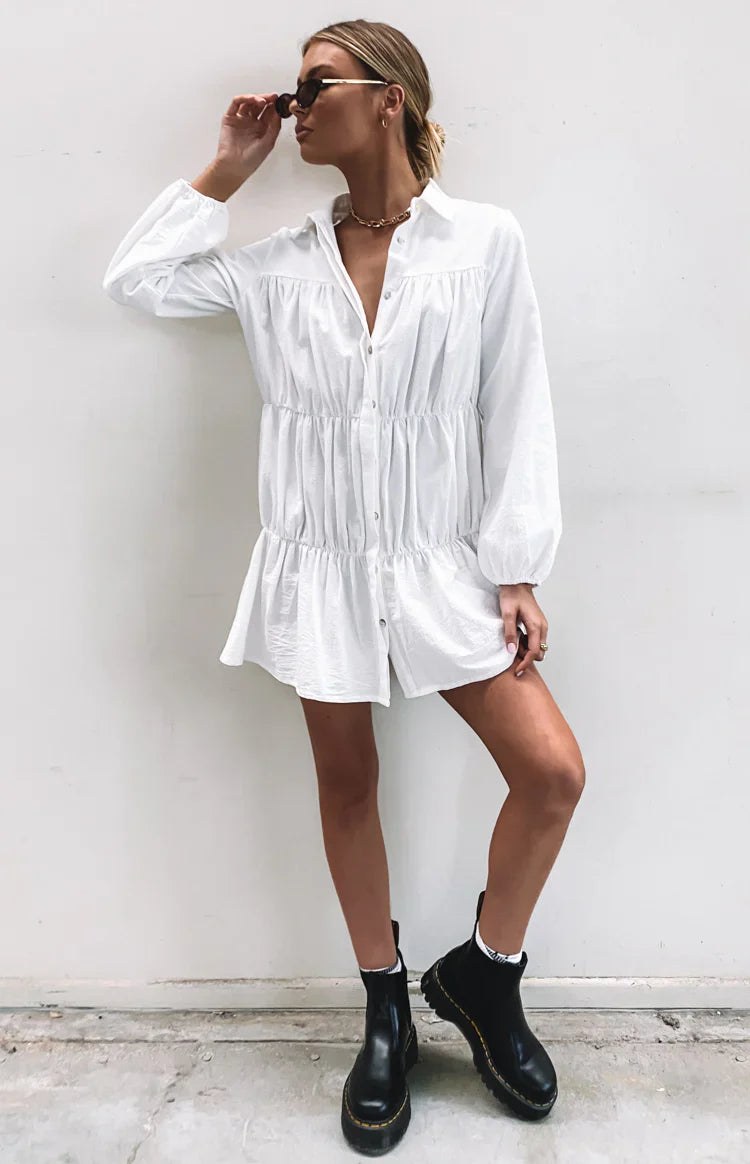 Theodossia Tiered Long Sleeve Dress | White