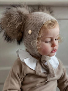 Unisex | Honeycomb Cashmere Bonnet with Poms | Beige