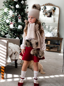 Unisex | Honeycomb Cashmere Fur Pom Scarf Animal Print Fur Poms | Beige