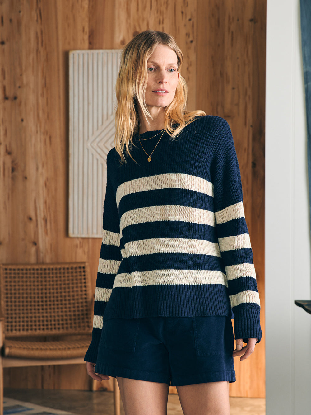 Womens - Miramar Linen Crew Sweater | Kadena Navy Stripe