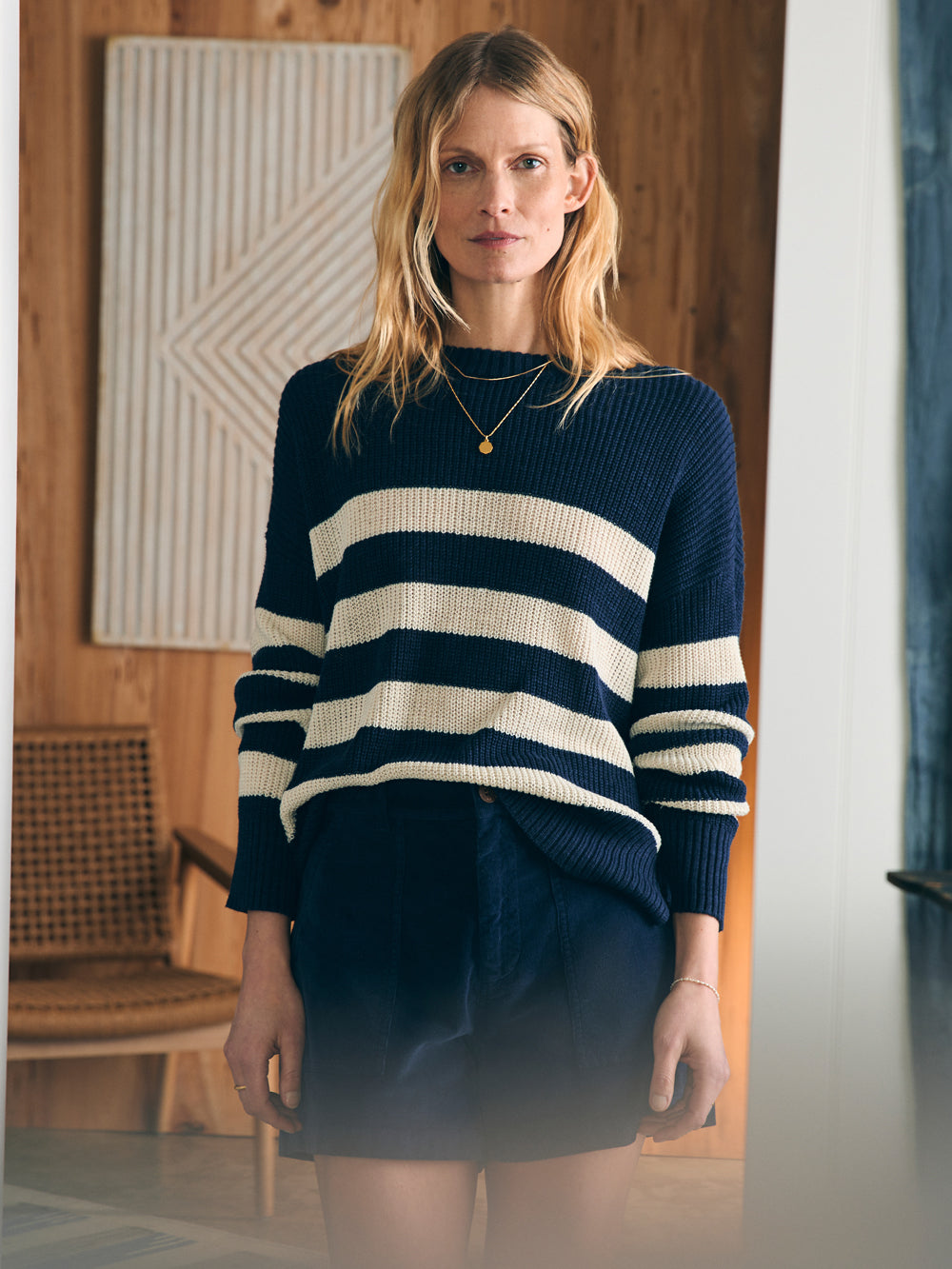 Womens - Miramar Linen Crew Sweater | Kadena Navy Stripe