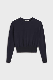 Navy long sleeve sweater on a light gray background