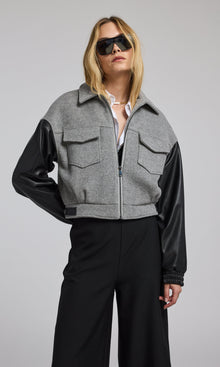 Caspian Wool Vegan Leather Combo Bomber | Grey Melange/Black