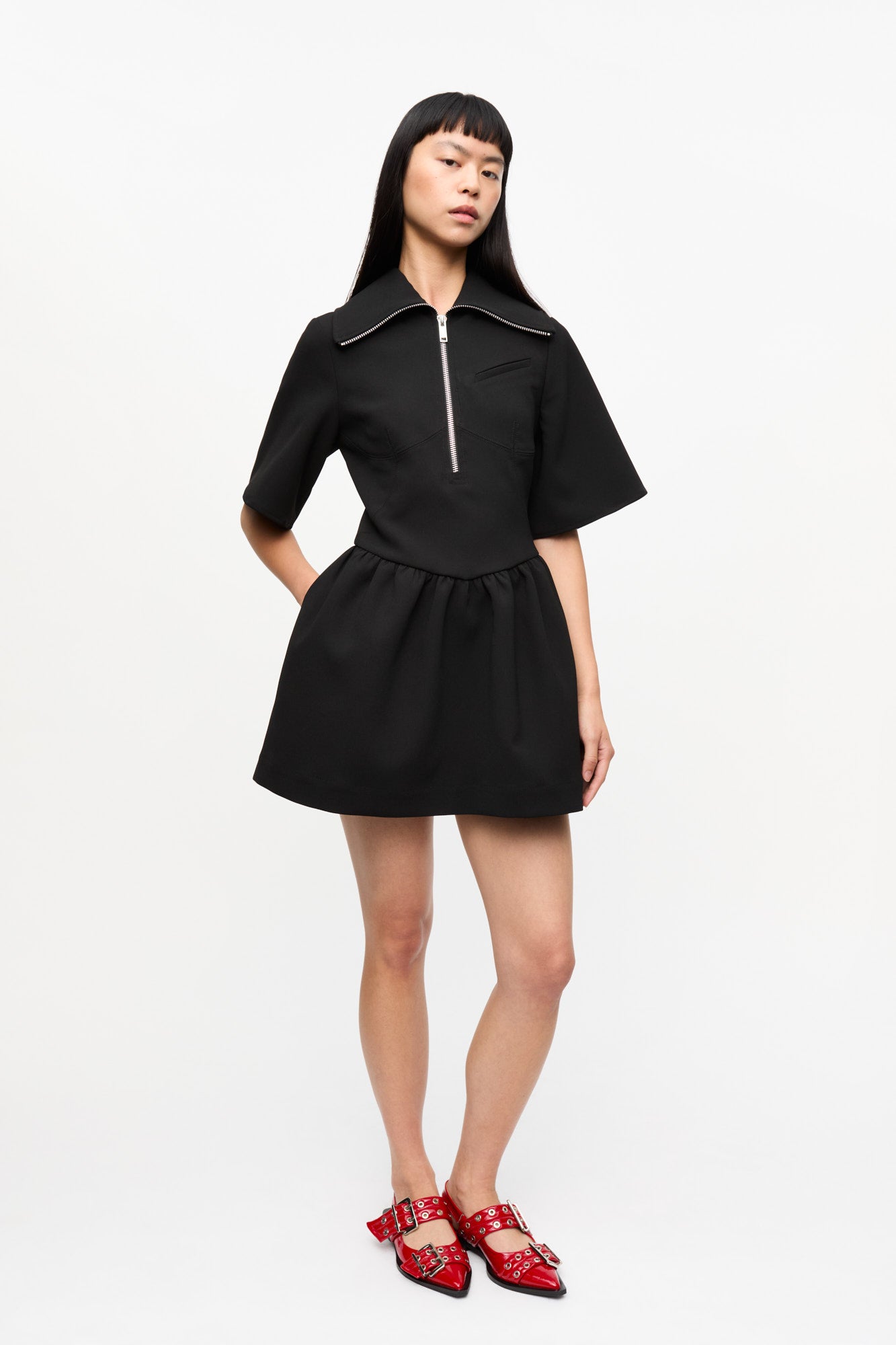 Bonded Crepe Half Zip-Closure Mini Dress | Black