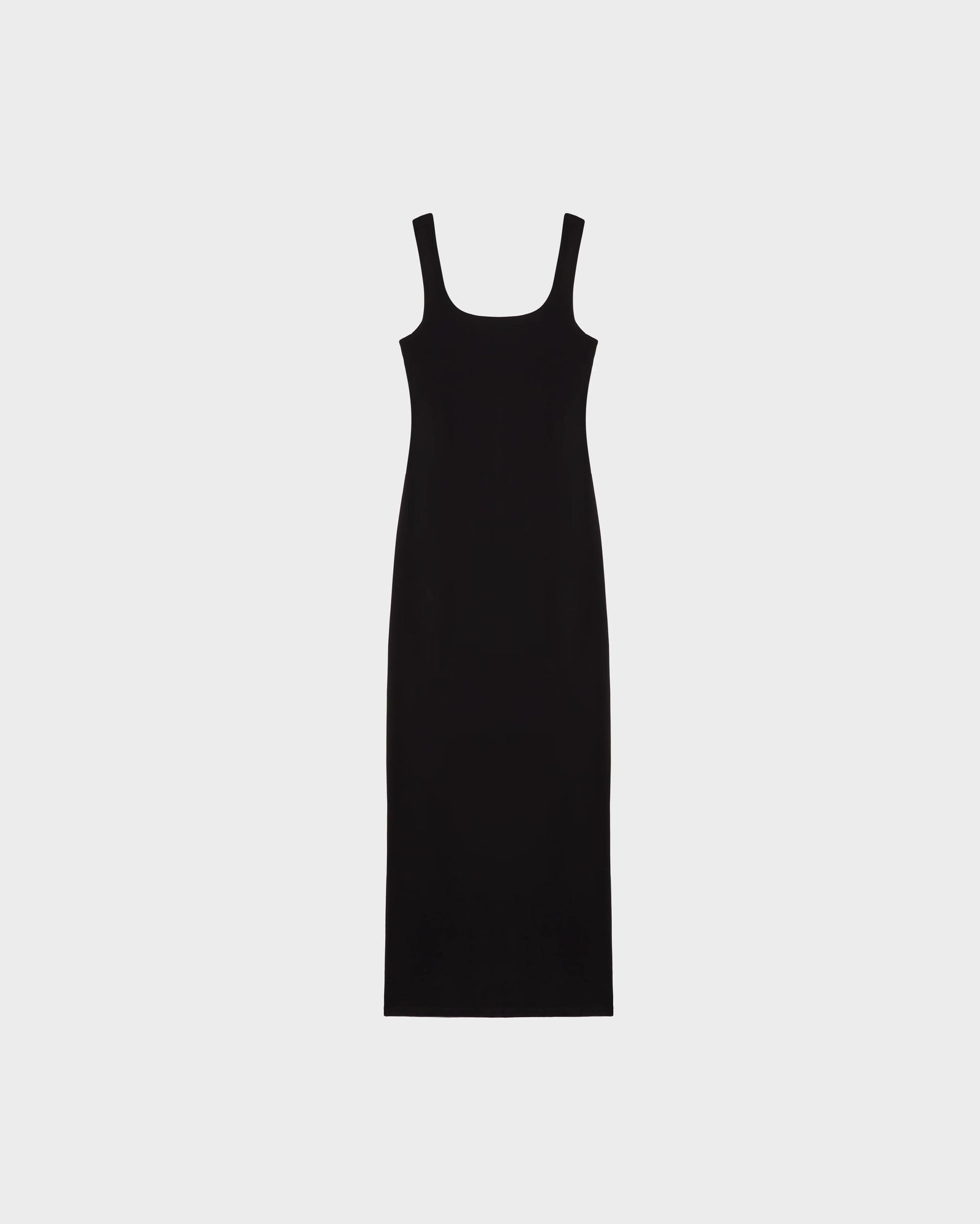 The Rudsak WANDA - 8524035 Black is a sleeveless womens maxi dress with a square neckline, ankle-length cut, and stretch performance fabric, shown against a plain white background for a sleek modern look.