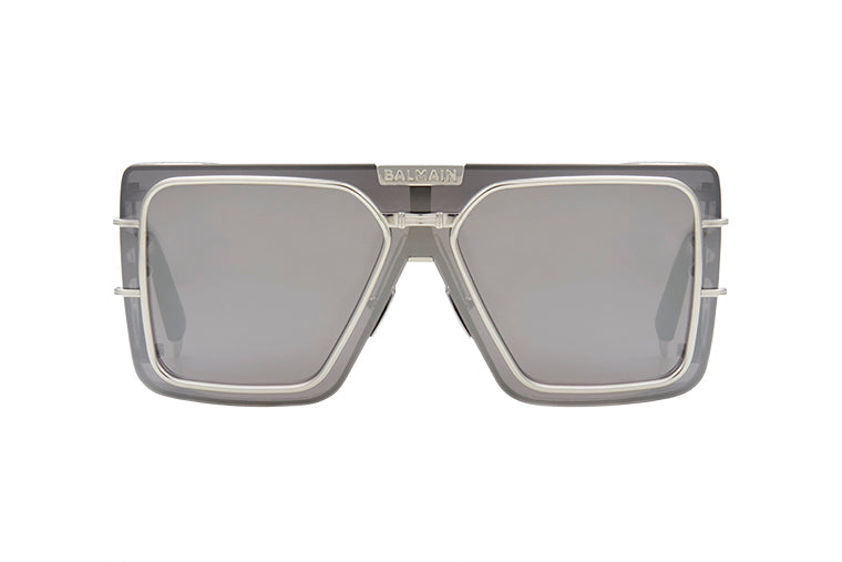 Unisex | Wonder Boy Sunglass | Silver - Shiny Navy - Side Lens w /PB Pattern | Dark Grey w/ Silver Mirror
