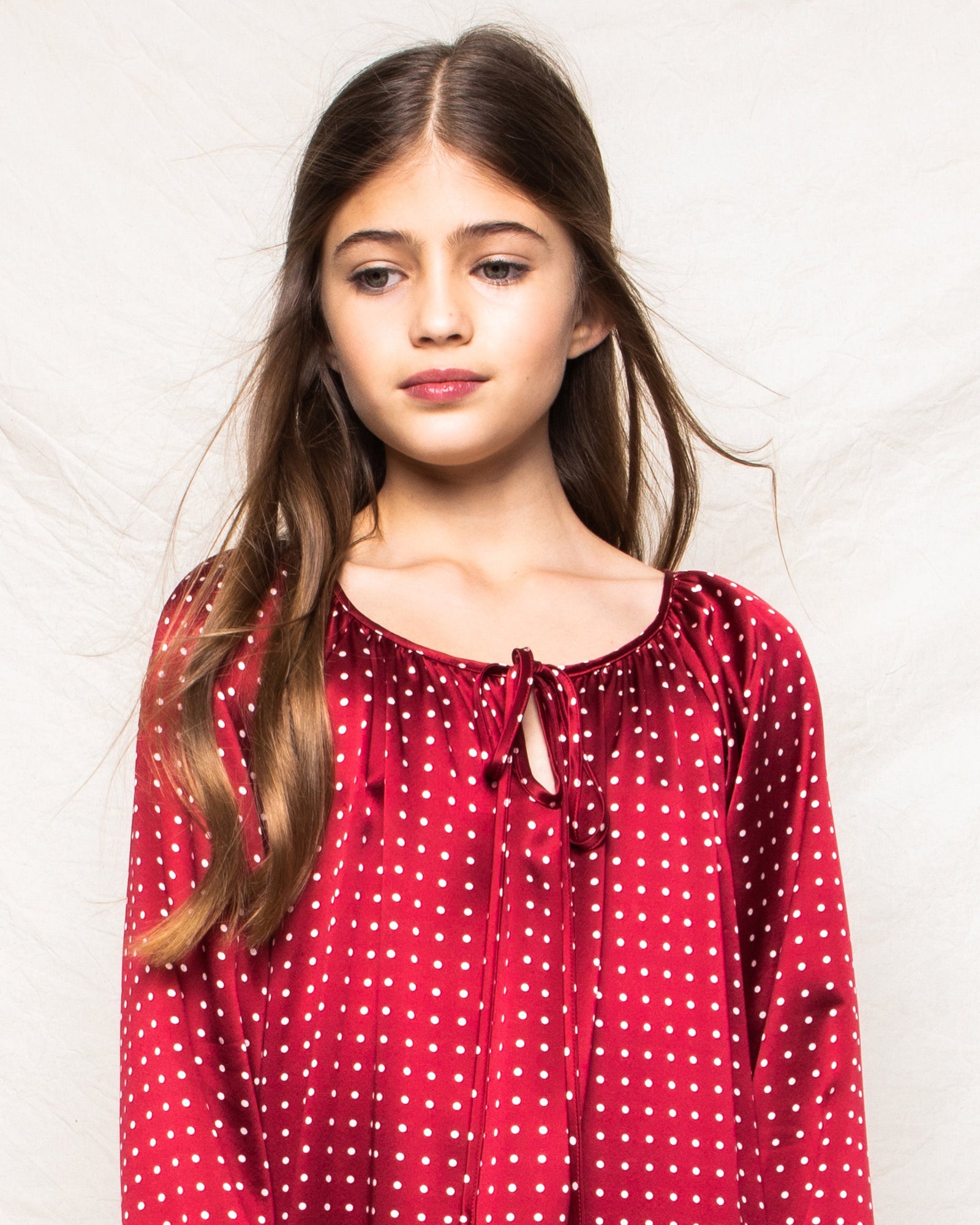 Girl's Silk Delphine Nightgown | Bordeaux Polka Dot