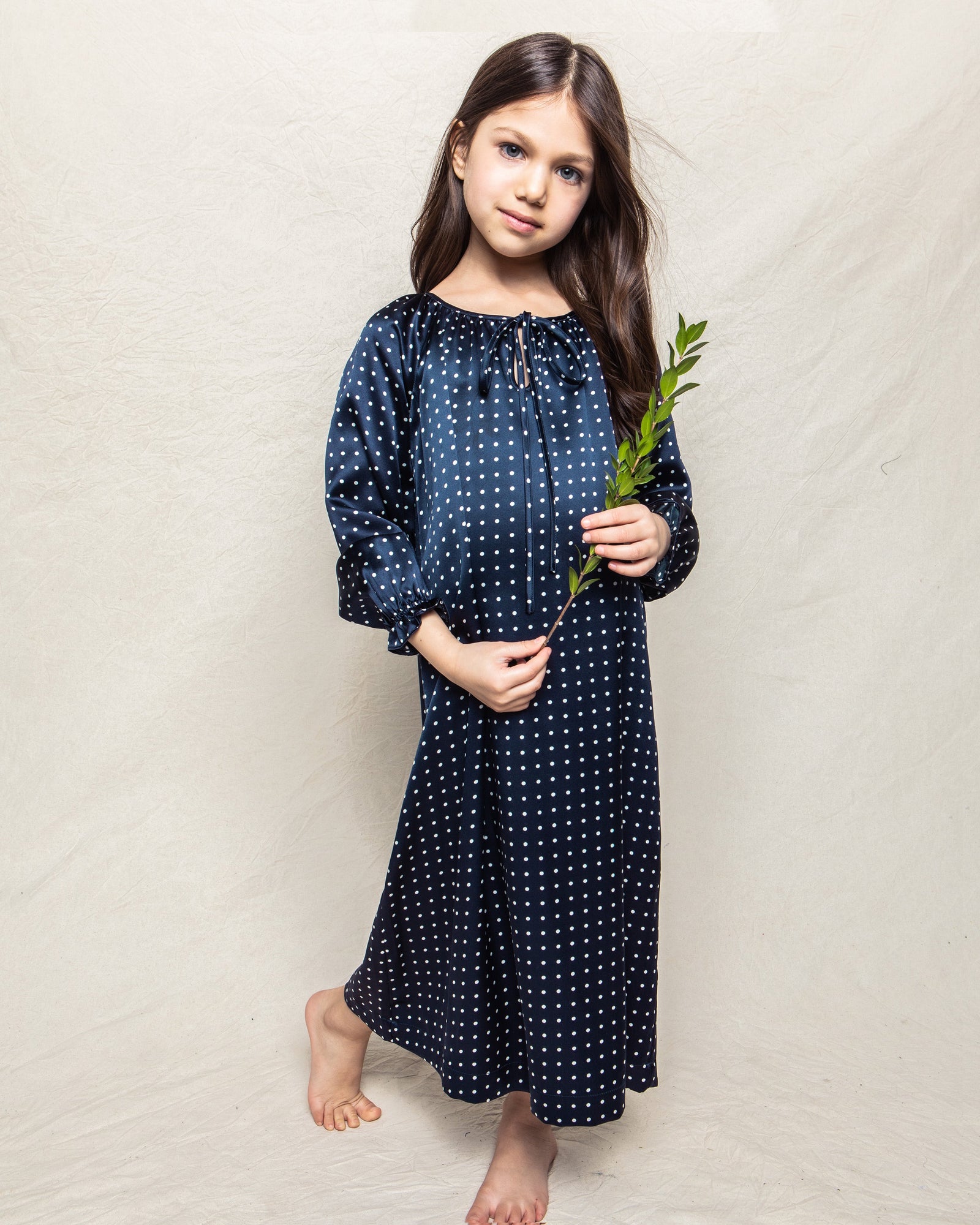 Girl's Silk Delphine Nightgown | Navy Polka Dot