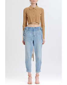 Waist Tie Button Up Sweater | Tan
