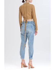 Waist Tie Button Up Sweater | Tan
