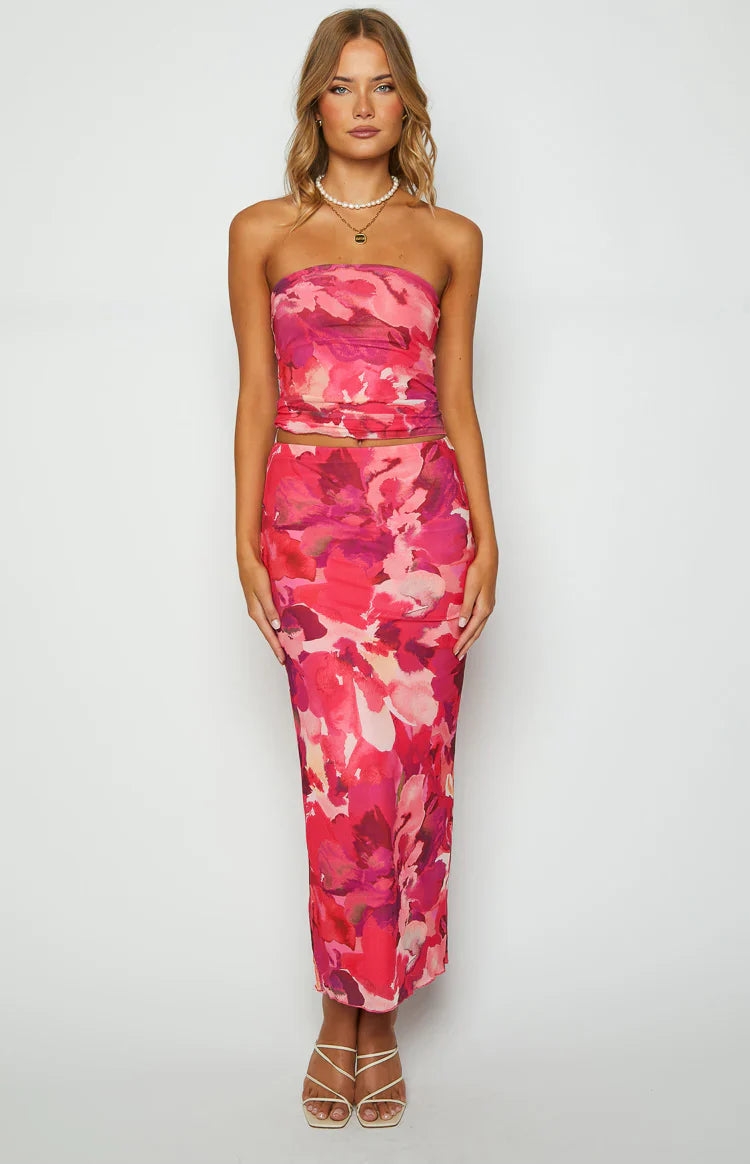 When in Rome Print Mesh Maxi Skirt | Pink