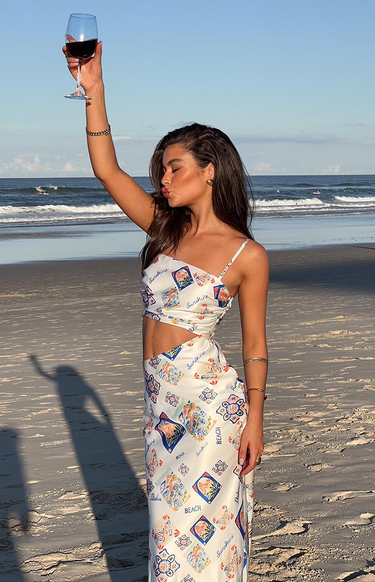 Willa Satin Italia Print Maxi Dress | White