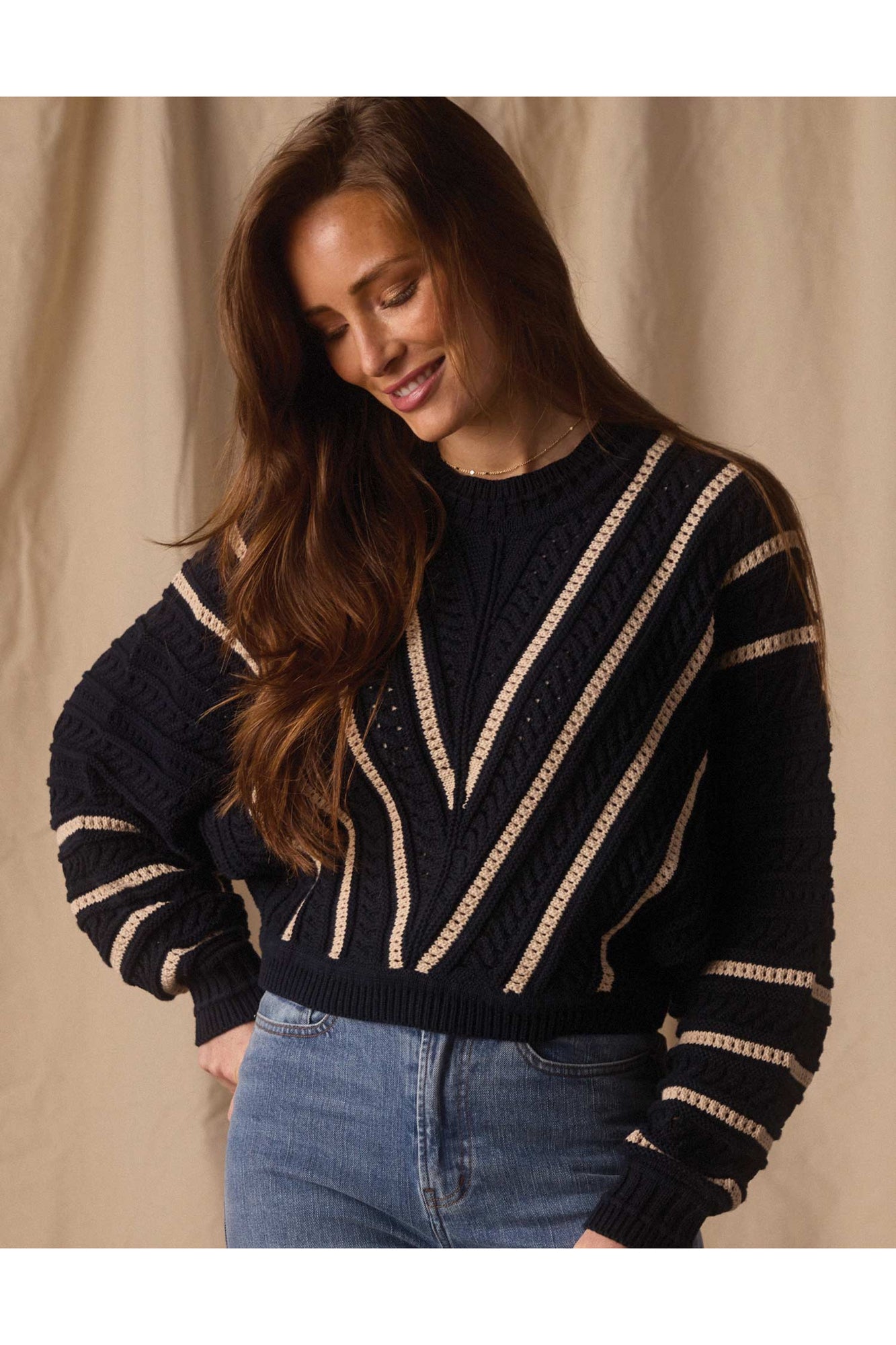 Women | Apres Chevron Sweater | Navy/Birch Stripe