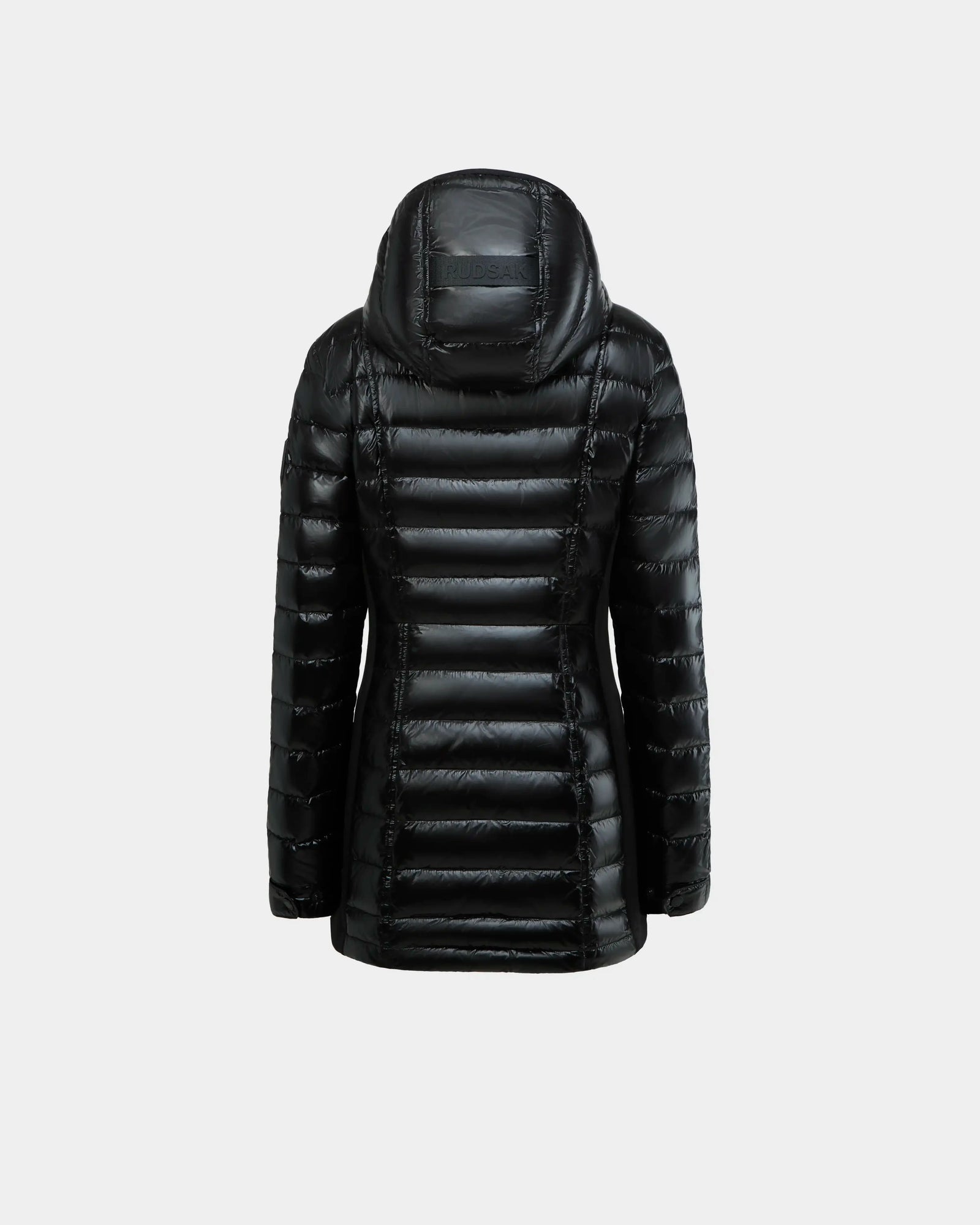 The Rudsak COSETTE C - L124011 Black is a womens fitted down jacket with glossy quilted fabric, a hood, horizontal stitching, and a tailored shape, shown from the back against a light grey background.