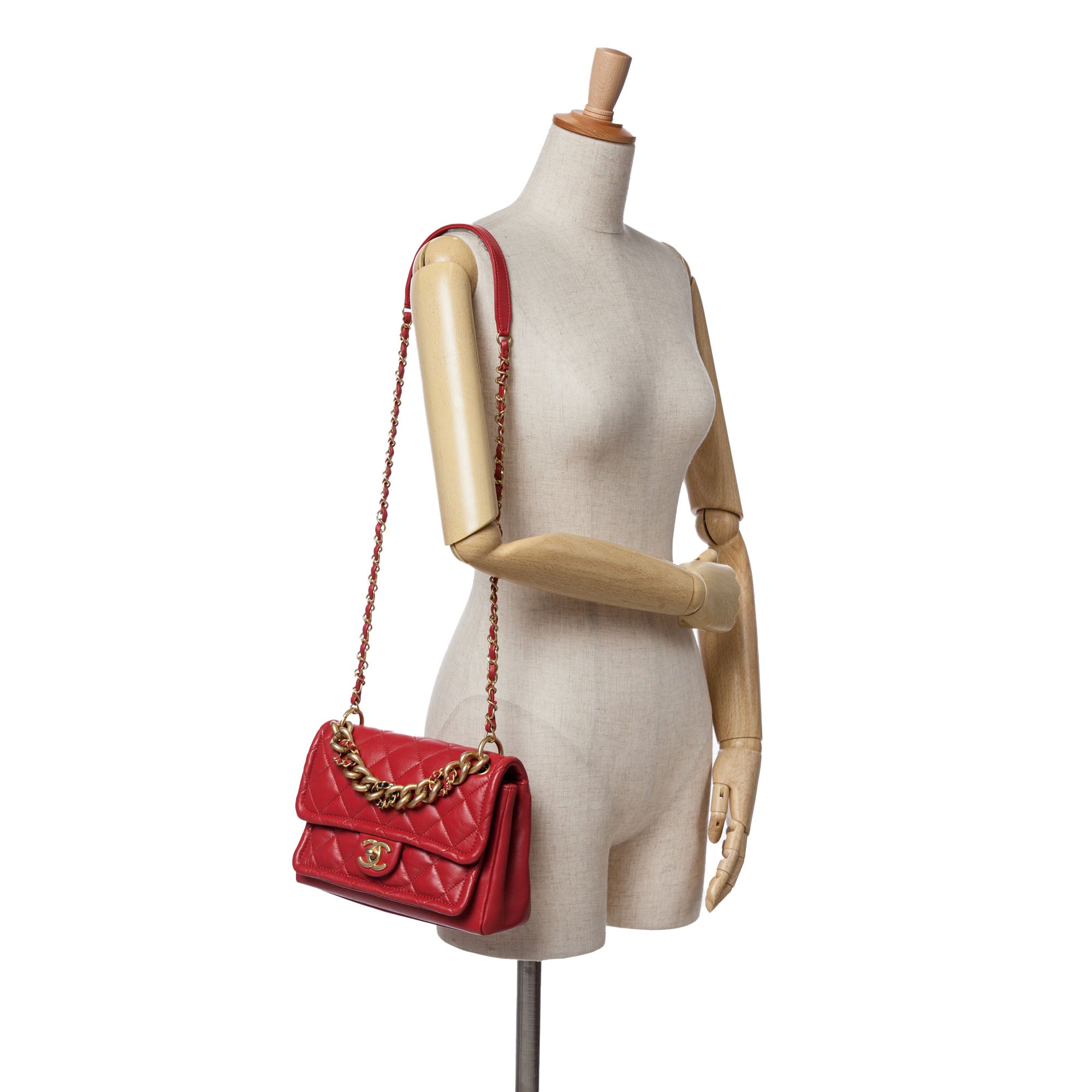 Chanel | Pre-Owned Small Quilted Lambskin Chain Link Flap | Red