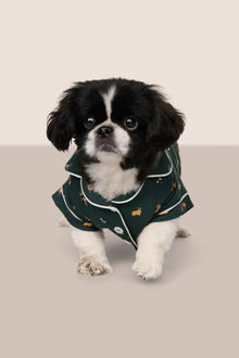 Model is wearing Gisele Printed TENCEL Modal Pet PJ  in Holiday Dogs Pine/Ivory